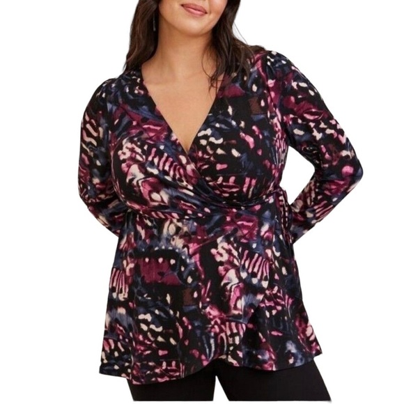 Torrid Abstract Print Surplice Wrap Long Sleeve Blouse Women's Plus 2X - Picture 1 of 9